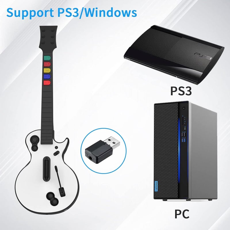 DOYO PC Guitar Hero Controller, Wireless PS3 Guitar Hero with Dongle for PC and PlayStation 3, Compatible with Guitar Hero, Rock Band, Clone Hero, Adjustable Strap (White) - Image 2